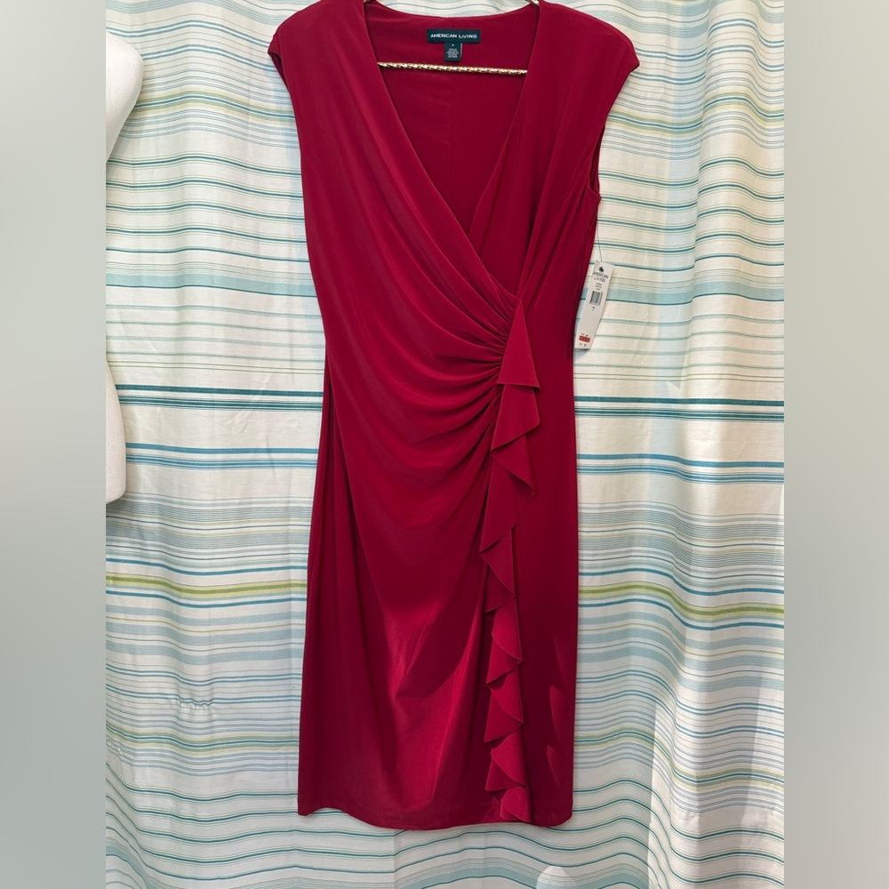Womens American Living Red V Neck Wrap Dress Sz 8 Ruffle Stretch NWT NEW vneck - Picture 10 of 12